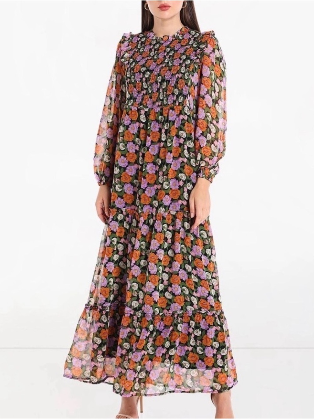 Floral Smocked Long Sleeve Maxi Dress - Green with Orange & Purple